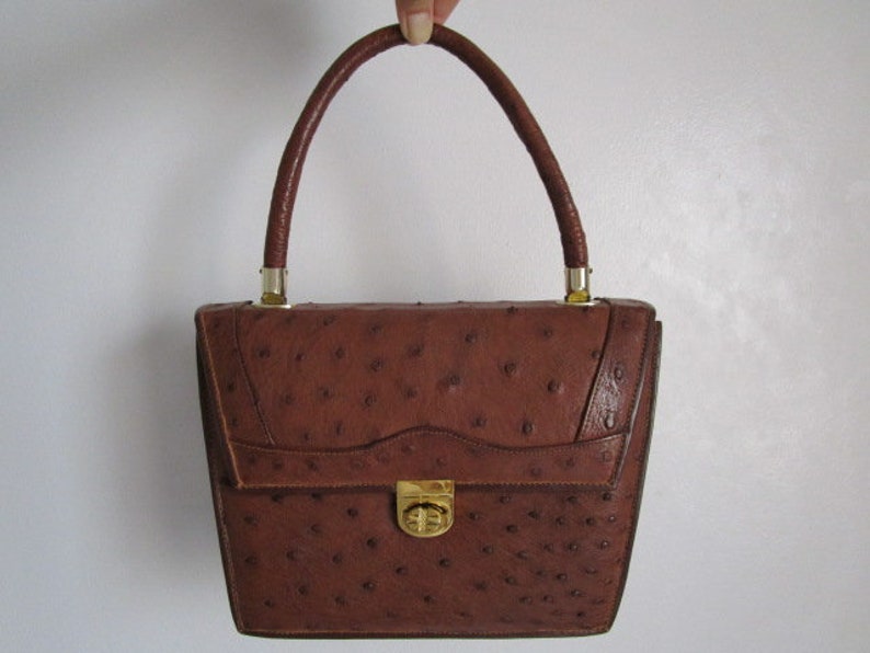 Vintage Cognac Brown Real Genuine OSTRICH Skin Leather Top Handle Satchel Envelope Style Handbag Purse W/Gold Tone Hardware Timeless Classic image 4
