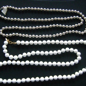 Vintage MONET Jewelry Accessories 2 Piece Lot Beads Ball Beaded Necklaces Silver Tone Plastic? and White Color Glass 30&quot; & 31&quot; Long Necklace