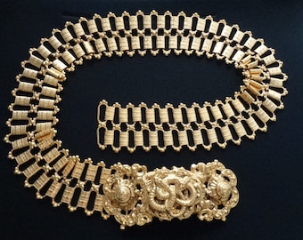 Classic Vintage Victorian Accessories Ornate Gold Tone Metal Gilt Embossed Double Book Chain Striking Mystical Creatures Snake Buckle Belt