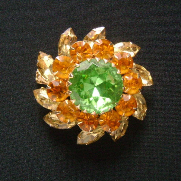 Vintage JUDY LEE Jewelry Navette Marquise Round Cut Honey Citrine Clear Yellowish Green Glass Rhinestones Flower Floral Gold Tone Brooch Pin