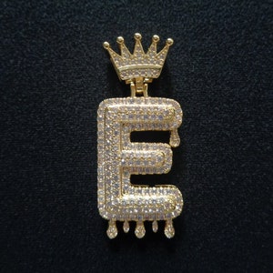 Yellow Gold Tone White CZ Cubic Zirconia Accents Monogram Name Initial Letter E With King or Queen Crown Pendant Jewelry FREE Rope Necklace