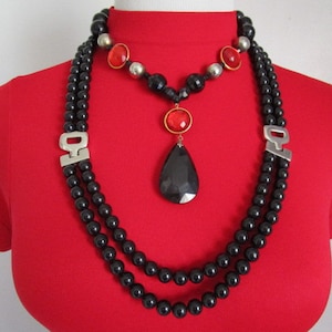Vintage 2 Lot Beaded Drop Pendant Necklace Black & Red Plastic Beads 1 Signed NAPIER Necklace With Silver Tone Accents Gothic Style Jewelry