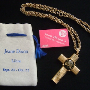 Sept 23 - Oct 22 Libra Sign Symbol Scales of Justice Zodiac Horoscope Astrology Astrological Jewelry Glass Gold Tone Cross Pendant Necklace