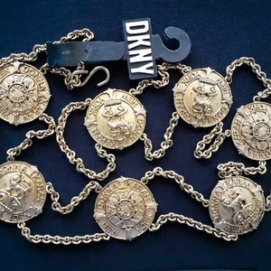 Vintage DKNY Donna Karan New York City Brass Metal Medallion Lion Shield Rustic Design Double Chain Belt or Runway Necklace Accessories XS S