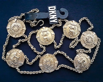 Vintage DKNY Donna Karan New York City Brass Metal Medallion Lion Shield Rustiek Design Double Chain Belt of Runway Ketting Accessoires XS S