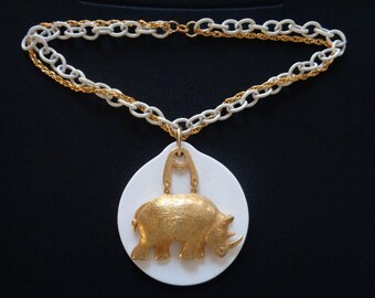 Awesome Vintage Two Tone White & Gold Tone Colors Lucite Acrylic Rhinoceros Rhino Animal Dangle Pendant Double Chain Necklace UNISEX Jewelry