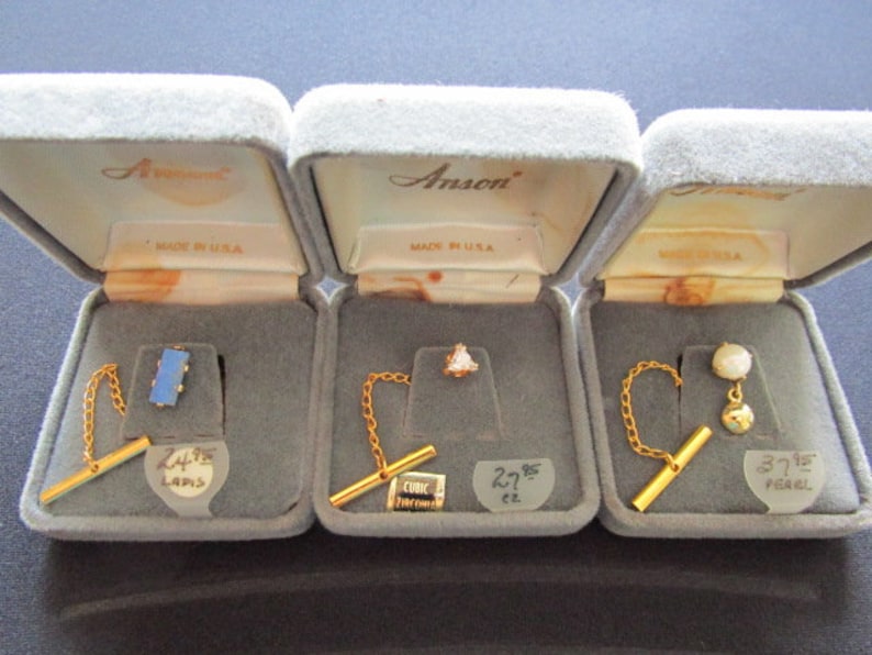 ANSON Men/'s Jewelry 3 Lot Suit Tie Accessories Real Pearl CZ Cubic Zirconia Blue Lapis Lazuli Stone Tie Tacks Yellow Gold Plated Metal /& Box