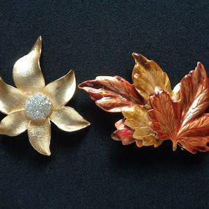 May include: Two gold tone brooches, one shaped like a flower with a clear rhinestone centre, the other shaped like a cluster of autumn leaves.