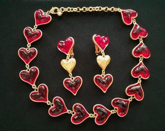 ESCADA Sweet Yellow Gold Tone Metal With Ruby Red Color Resin Lucite Puffed Heart Earrings and Necklace Romantic Valentine's Day Jewelry Set