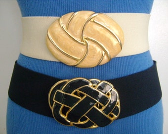 Vintage 80s Navy Gold Swirl Enamel Knotted Design Elastic Waist Statement Cinch Belt by Day-Lor