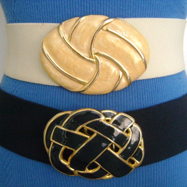 2 Retro DAY LOR USA Accessories Off White/Cream &Navy Blue Colors Elastic Stretch Belts with Goldtone Enameled Swirl Enamel Buckles Fits M/L