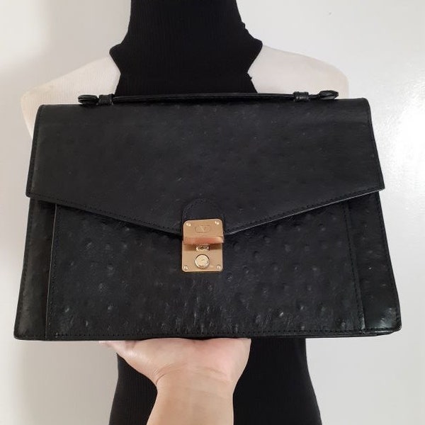 VALENTINO Ostrich Embossed Black Leather Portfolio Purse 11X8" Small Briefcase Top Handle Bag Combination Lock Needs Little TLC Clasp Repair