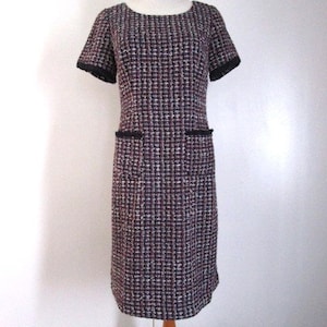 Designer Talbots Blue Silver Red Colors Tweed Sheath Front Pocket Scoop Neck Knee Length Dress Petites 2P XS S Ladies Spring Clothing Outfit