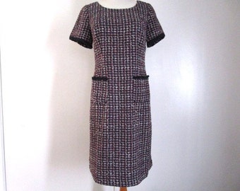 Designer Talbots Blue Silver Red Colors Tweed Sheath Front Pocket Scoop Neck Knee Length Dress Petites 2P XS S Ladies Spring Clothing Outfit