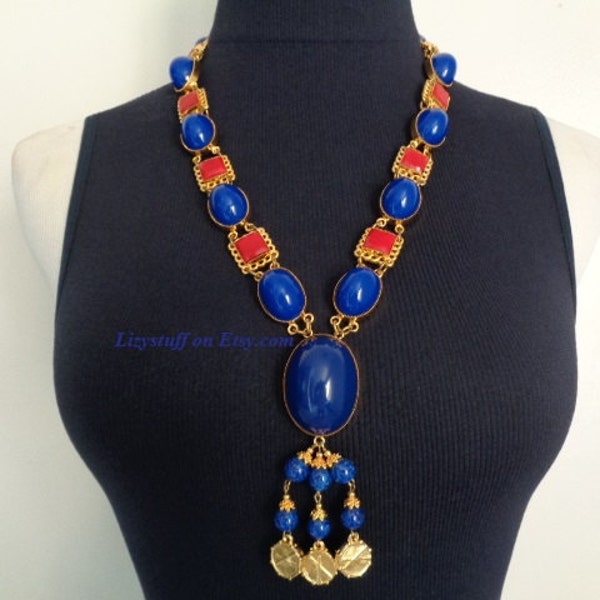 Magnificent William DeLillo Wm De LILLO Domed Oval Cobalt Royal Blue & Square Shape Red Cabochons Lapis Tassel Yellow Gold Couture Necklace