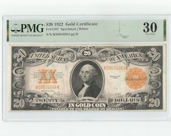 1922 Twenty 20 Dollar Bill George Washington Banknote Currency US Paper Money Gold Certificate Fr#1187 Speelman White Graded PMG30 Very Fine