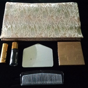 Vintage 1950&#39;s BOBBIE JEROME Saks Fifth Avenue Silk Metallic Floral Brocard Compact Mirror Comb Lipstick Perfume Bottle Makeup Clutch Purse