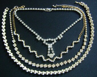 Designers Quality Vintage Costume Fashion Jewelry Accessories Mixed Nice Lots 4 Piece Gold and Silver Tone Metal With Rhinestones Necklaces