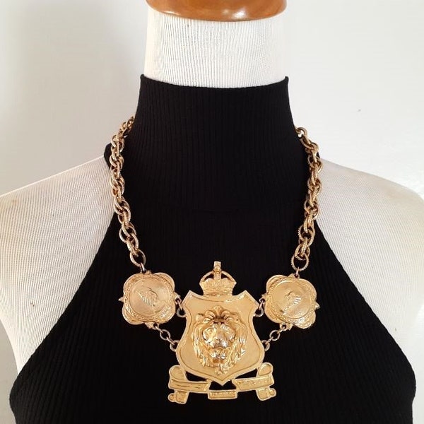 Accessocraft NYC CROWN Lion Shield Hands Shaking Center Pendant Textured Double Chain Link Goldtone Dramatic Necklace Majestic Looking Piece