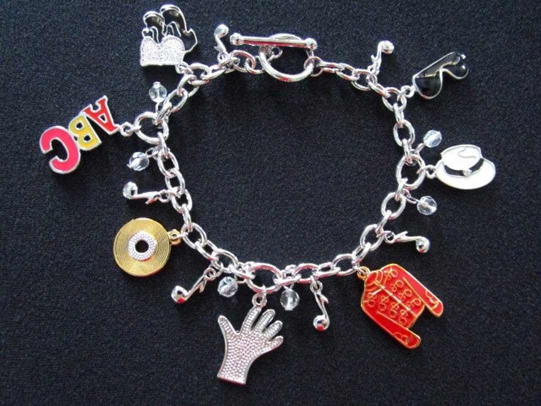 Michael Jackson the King of Pop Icon ABC Charm Bracelet Music Cd s Hat Jacket Hand glove Sunglasses Shoe Metal Black White Red Yellow Enamel Etsy UK