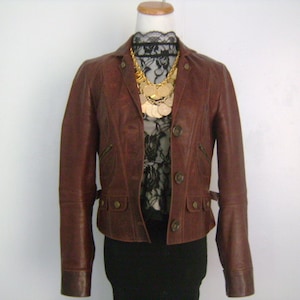 Authentic CHLOE Made in France Chocolate Brown Slightly Distressed Lambskin Leather Jacket Leaf Applique Fashion Stylish Coat Size 40 4 6 SM