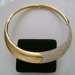 Timeless Beauty LANVIN Shiny Gold Plated Embellished w/ Sparkle Crystal Rhinestones Accents Rigid Hinged Bold Slim Choker De Chien Necklace