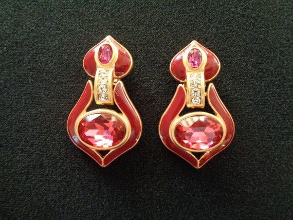 Elegant Red Wine Color Enamel & Faceted Oval Cut … - image 1