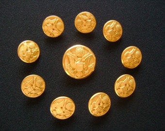 Lot 10 Pieces Vintage Brass Gold Tone Eagle Great US Seal Old American Army Military Uniform Coat Buttons Waterbury City Meyer AM Button Co
