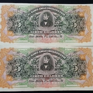 Costa Rica Banco Anglo Costarricense Two 1917 5 Cinco Colones Consecutive Serial # Banknotes Large Paper Money Bill Unsigned Remainder Notes