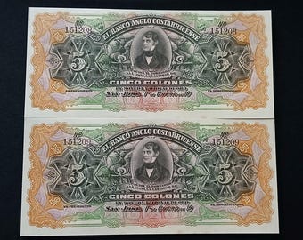 Costa Rica Banco Anglo Costarricense Two 1917 5 Cinco Colones Consecutive Serial # Banknotes Large Paper Money Bill Unsigned Remainder Notes