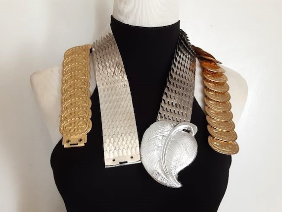 Vintage silver & gold “scales” stretchy belt Vintage BOHO Gold Tone Medallion Coin Scales Stretch Elastic  main image 4
