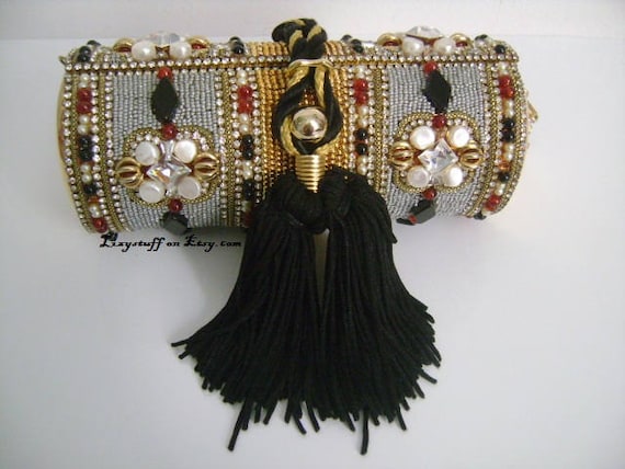 Vintage Debbie Gold Metal Black Beaded Designer Purse Evening Bag