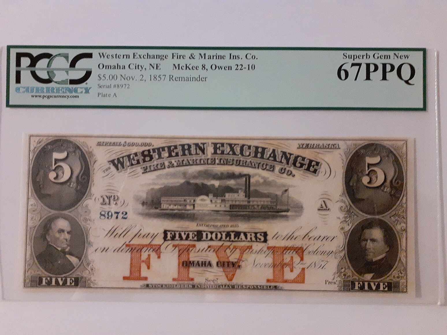 1857 5 Dollar Western Exchange Fire &marine Ins Co Omaha City Nebraska  Obsolete Currency Remainder PCGS 67PPQ Franklin Pierce Daniel Webster - Etsy