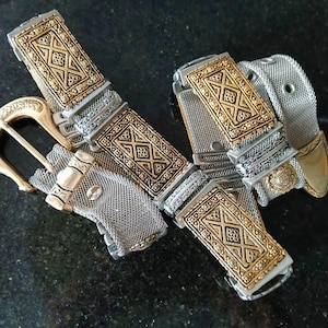 Lovely Vintage Silver Gold Tone Mesh Metal Damascene or Damascening Design Belt Buckle Fits 34 38 ML Well Made Designer Quality Accessories