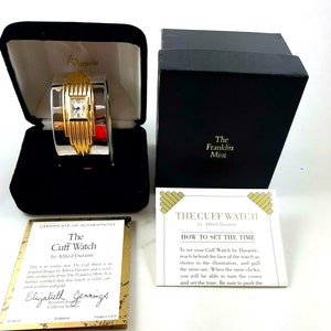 The Franklin Mint by Alfred Durante Silver Tone & Gold Plated Art Deco Style Women&#39;s Ladies Stylish Bracelet Bangle Cuff Analog Wrist Watch