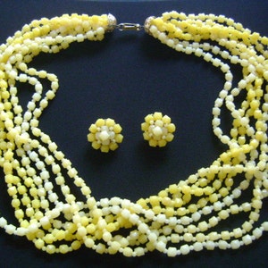 Lovely Vintage Hong Kong Multi Layer 8 Strands Bright Yellow Plastic Beads Filigree Metal Necklace &Clip on Earrings Demi Parure Jewelry Set