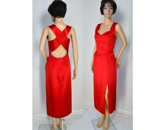 Seductive Elegant Blondie & Me Made in USA Hot Red Lipstick Satin Sweetheart Neckline Bust Strappy Criss Cross Open Back Cocktail Slit Dress Seductive Elegant Blondie & Me Made in USA Hot Red Lipstick Satin Sweetheart Neckline Bust Strappy Criss Cross Open Back Cocktail Slit Dress
