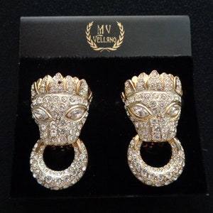 Striking Vintage M.V MV Vellano Yellow Gold Tone Sparkle Pavé Diamonique Glass Crystal Wild Cougar Jaguar Puma Door Knocker Earrings Jewelry