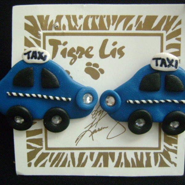 Artisan Tigre Lis by Karen Justice Wearable Art Fashion Jewelry Made of Clay Adorable Teal Blue Black White Rhinestone Car Cab Taxi Earrings