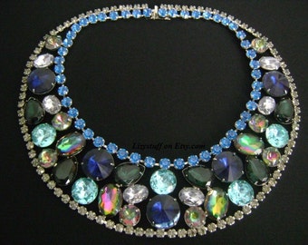 PIERRE BALMAIN PARIS Awe Inspiring Parisian Glamour Rhodium JeweledEmerald Sapphire Aquamarine Iridescent Watermelon Rivoli Crystal Necklace