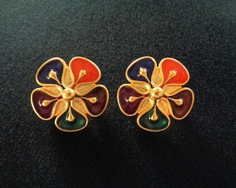 Gorgeous Matte Gold Tone Metal and Colorful Navy Blue Orange Green Purple Enamel Accents Floral Leaf Leaves Designs Clip on Earrings Jewelry