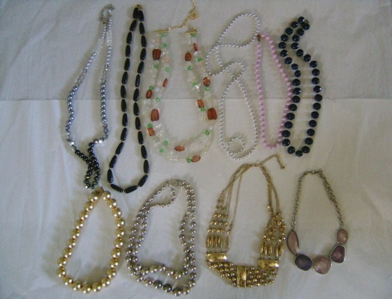 10Piece Lot Glass AB Crystal Plastic Lucite GoldSilver Tone Metal Beads Long Collar Necklaces Beautiful Collection Variety of Styles Colors