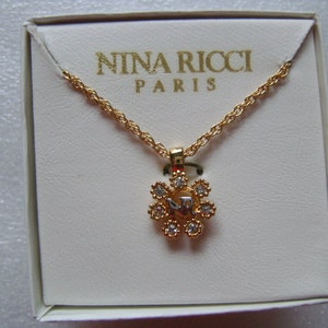 NINA RICCI Paris NR Logo Charm Gold Plated Tiny Chain With Small Flower Rhinestone Pendant Necklace Old Store Stock Jewelry W/Original Box!