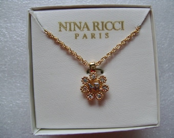 NINA RICCI Paris NR Logo Charm Gold Plated Tiny Chain With Small Flower Rhinestone Pendant Necklace Old Store Stock Jewelry W/Original Box!
