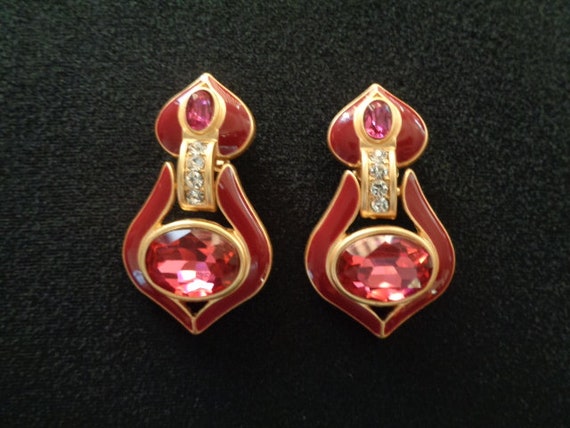 Elegant Red Wine Color Enamel & Faceted Oval Cut … - image 3