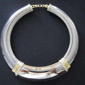 Gorgeous CHRISTIAN DIOR Polished Finish Silver Tone Pewter Color & Gold Tone Metal Omega Chain W/ Clear Crystal Necklace Avant Garde Jewelry