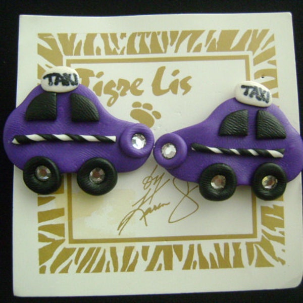 Artisan Tigre Lis Karen Justice Wearable Art Fashion Jewelry Fun Cute and Adorable Purple Black White &Rhinestone Car Cab Taxi Clay Earrings