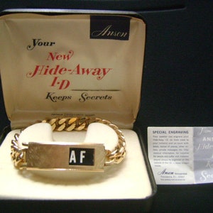Handsome ANSON Made in USA Yellow Gold Plated Hide-Away ID Bar Identification Keeps Secrets Photo Chain Bracelet Men&#39;s & Women&#39;s Jewelry Box