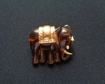 Adorable Vintage Lucky Good Luck Elephant Faux Tortoise Lucite Embellished With Golden on The Body Tusks Forehead Rhinestone Eye Brooch Pin