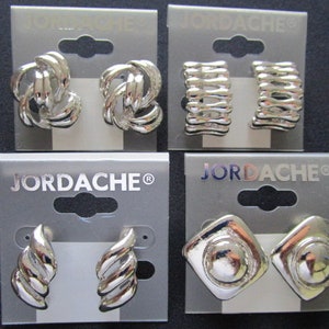 JORDACHE Collection Lot 4 Pair Different Styles of Earrings Old Stock Jewelry Silver Tone Metal Modernist Geometric Designs Pierced Earrings